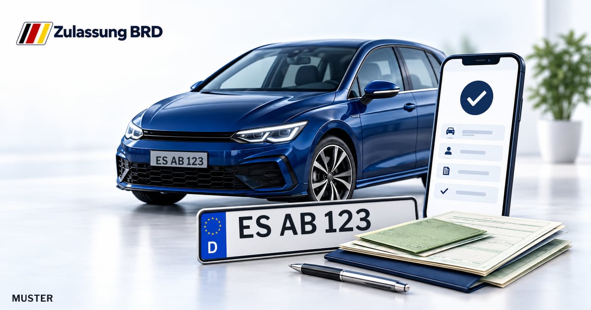 Online Fahrzeugzulassung in Ostfildern: Musterkennzeichen ES AB 123, Auto und Fahrzeugpapiere und Smartphone. Illustration mit Logo von Zulassung BRD.